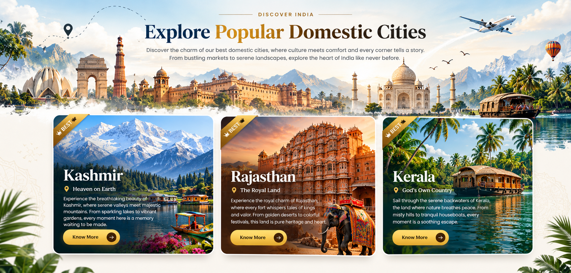 Kashmir Rajasthan and Kerala travel destinations
