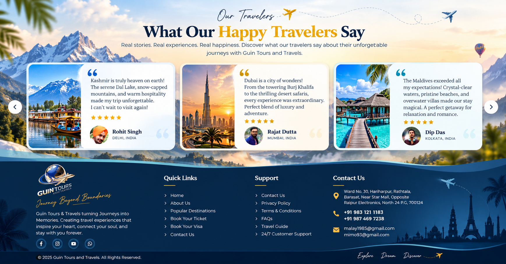 Happy traveler testimonials and Guin Tours contact footer design